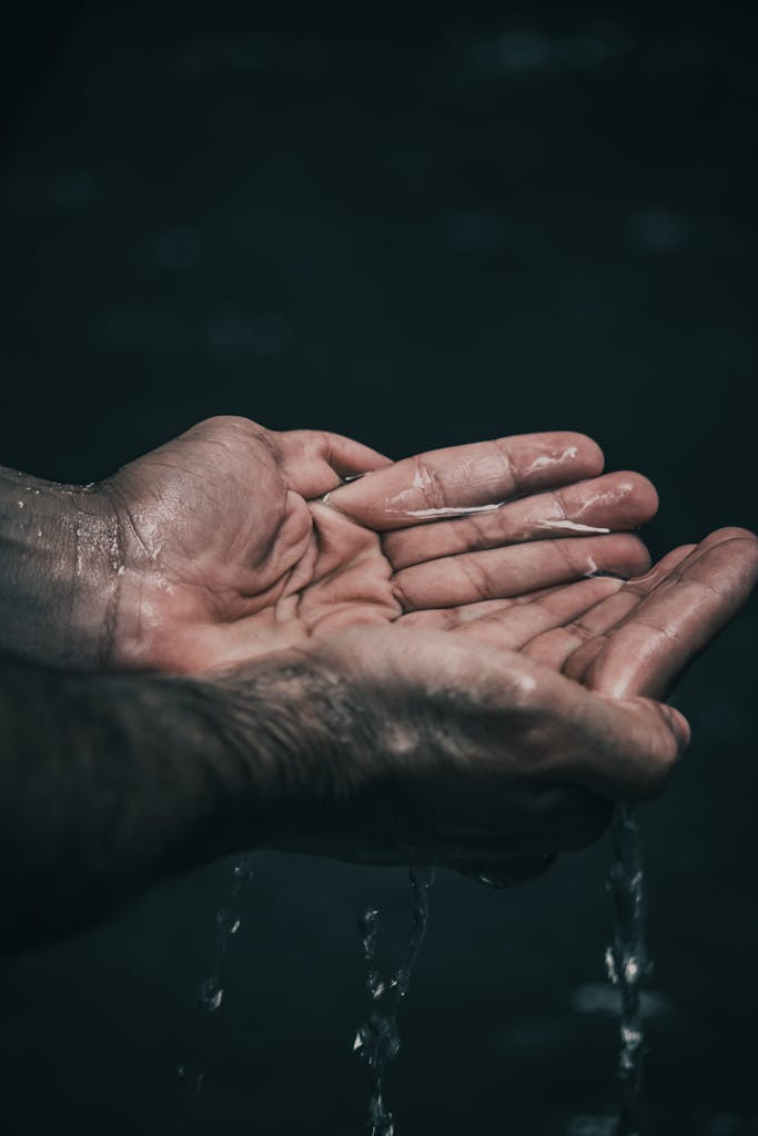 A dramatic shot of cupped hands holding water, highlighting water conservation themes.